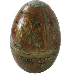 Vintage Brass Enamel Cloisonné Egg Trinket Box Floral Enamel Motif 5" x 3.5"